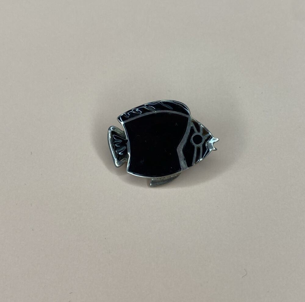 Vintage Signed Romeo Sterling Silver Brooch Pin Fish Black Onyx Enamel MCM 1950s